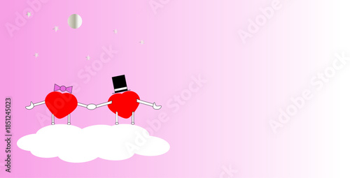 Valentine's Day hearts couple holding hands riding on a cloud on pink background  with copy space.