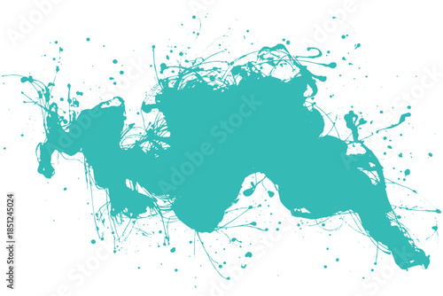 Turquoise wavy blot with paint splashes on transparent background.