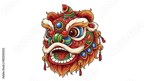 Intricate traditional Chinese lion dance head with detailed craftsmanship and vibrant colors, isolated white background.