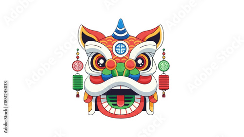 Colorful traditional Chinese lion dance head with vibrant details, isolated white background.