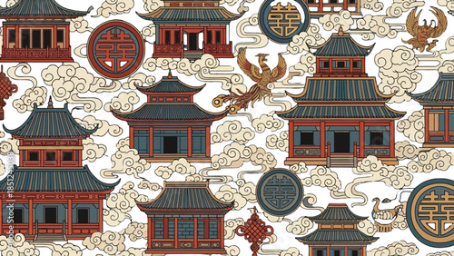 Chinese Temple Motif: An elaborate pattern of traditional temples, majestic structures, and symbolic elements, evokes the allure and intricate artistry of ancient eastern architecture.