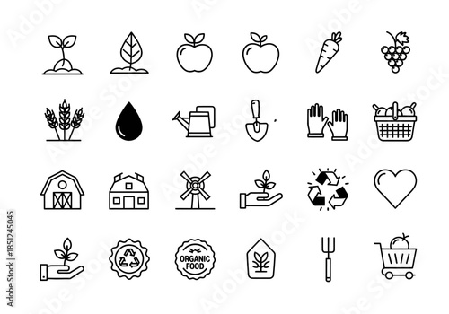 Collection of simple black and white icons representing various elements of agriculture and sustainable living