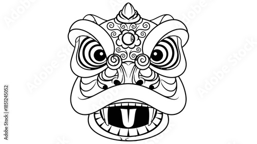 Intricate Lion Dance: A captivating black and white illustration of a traditional lion dance head, showcasing the artistry and cultural significance.