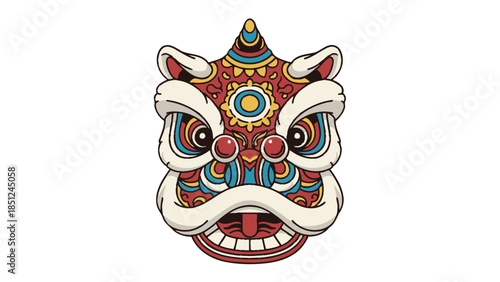 Chinese New Year Lion Dance: A vibrant and meticulously crafted illustration of a traditional Chinese lion dance head, radiating joy and festivity for the New Year celebrations. 