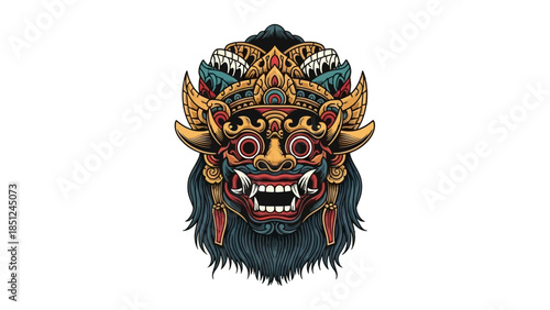 Sacred Mask of Bali: A vibrant illustration of a traditional Balinese mask, richly adorned with intricate gold detailing and captivating the eye with its detailed design.