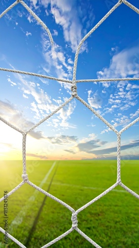 Soccer goal net view of a field at sunset