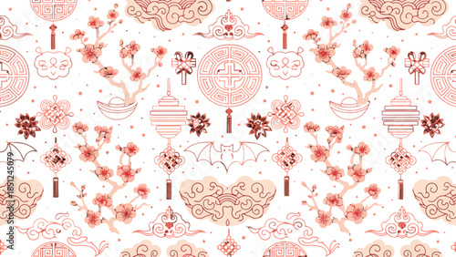 Cultural Flourish: A decorative pattern showcasing traditional Eastern designs, embodying harmony and auspicious symbols, ideal for textiles or design projects.
