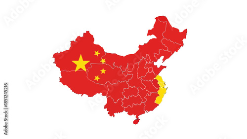 China Map Icon: A simplified graphic of China's landmass, highlighting the country's unique shape and vibrant flag color palette, ideal for educational or illustrative purposes.