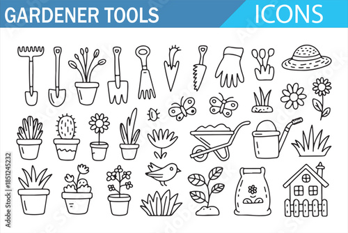 Gardening tools and agriculture outline icon set
