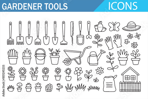 Garden equipment and plant symbols in outline style