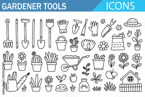 Gardening tools outline icon set for landscape design