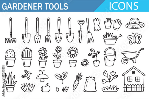 Gardening and farming tools outline icon collection