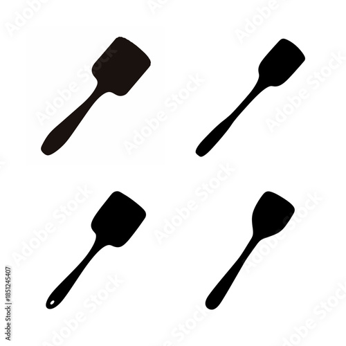 Collection of various kitchen spatulas presented as minimalist black silhouettes on white background