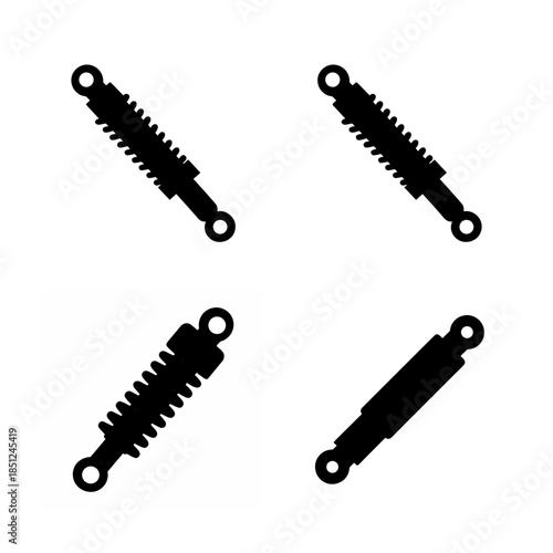 Four black silhouette icons illustrating various automotive shock absorbers and suspension components