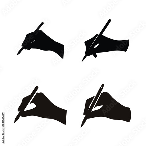 Collection of diverse hand silhouettes depicting various writing and drawing postures with a pen