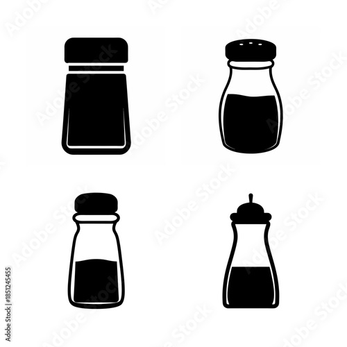 Various kitchen condiment shakers and bottles set as minimalist black icons