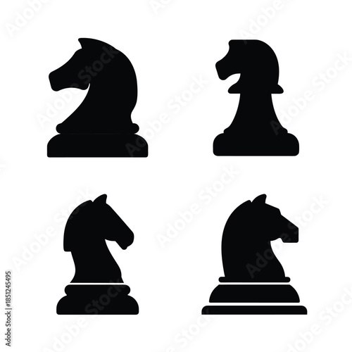 A collection of stylized black silhouette chess knight pieces illustrating strategic board game elements