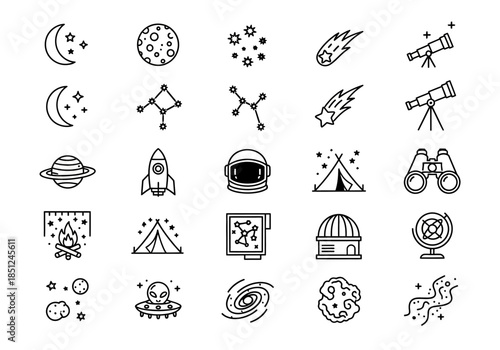 A collection of space-themed icons in a grid pattern, featuring astronomical objects and spacecraft, presented in a simple line art style for digital use.