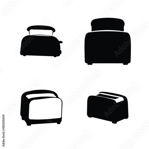 A collection of minimalist black and white toaster silhouettes representing household kitchen appliances