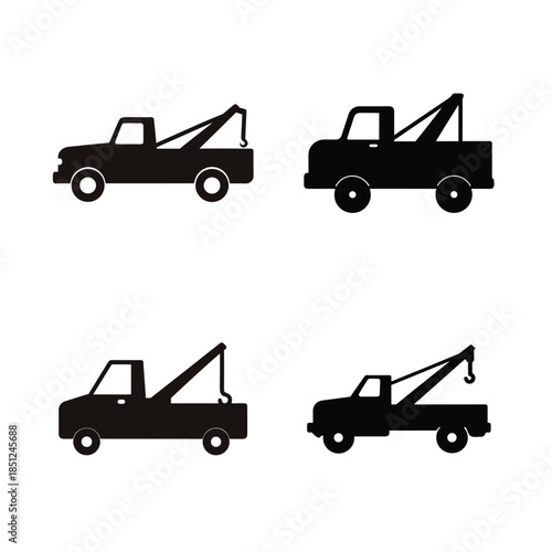 Four distinct silhouette icons of classic tow trucks ready for emergency roadside assistance