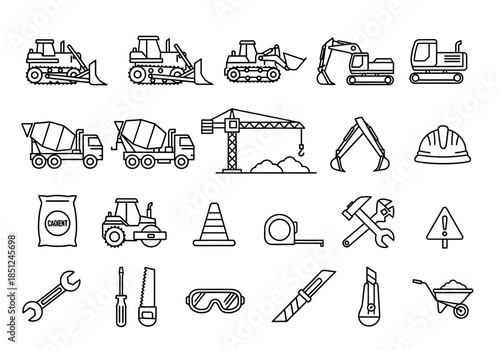 Collection of construction equipment and tools icons in a minimalist style