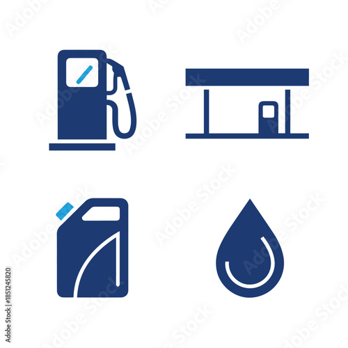 Automotive Fuel and Engine Oil Icon Set: Gas Station Pump, Petrol Nozzle, and Lubricant Canister Silhouettes