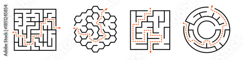 Collection of four distinct maze designs unique path solutions in various shapes.