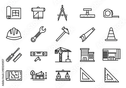 Collection of construction tools and architectural elements depicted in simple line icons on a white background