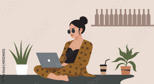 A focused woman using laptop in modern cafe or bar setting, representing remote work culture, digital nomad lifestyle, professional productivity, technology interaction, business and social media them