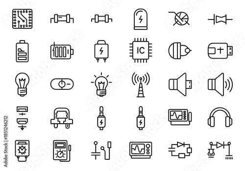 Collection of various icons representing technology and gadgets in a grid layout