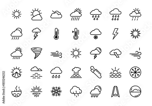 Collection of weather icons representing various conditions and phenomena in a simple line art style