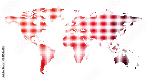 Global map with red pixelated continents on black background