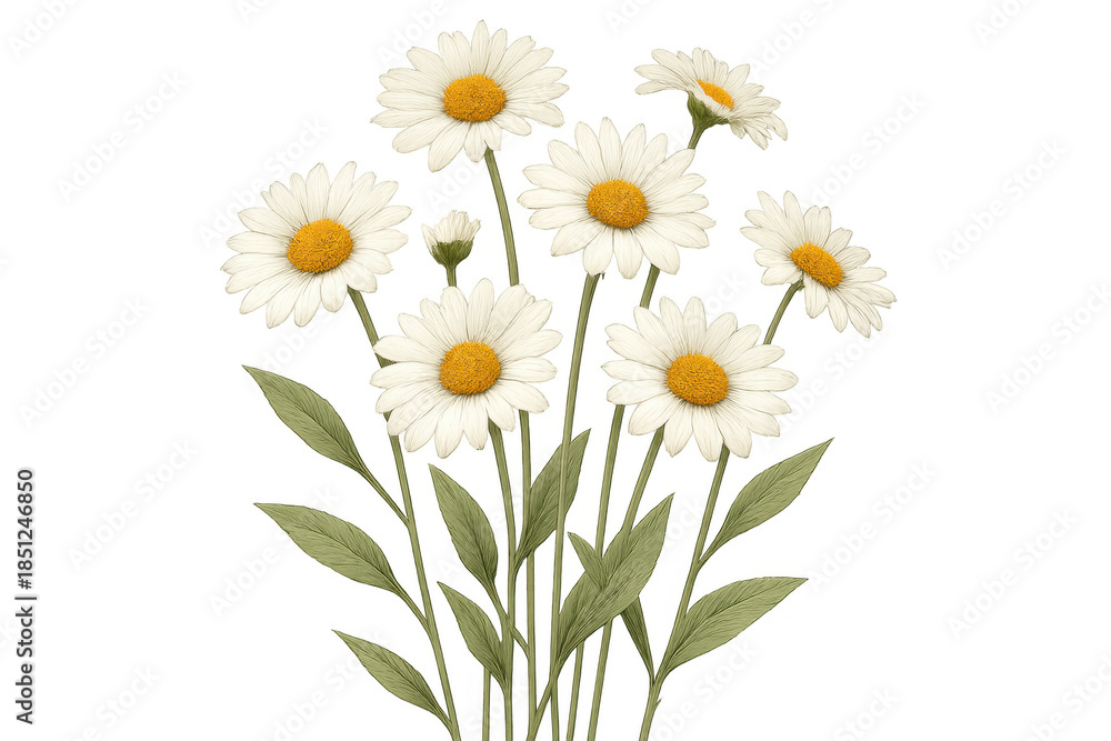 Obraz premium Delicate daisy bouquet arrangement with green leaves, transparent background, hand drawn watercolor botanical illustration