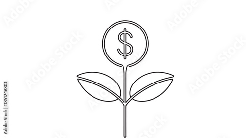 Dollar Sign Sprouting from Seedling in Simple Line Art with Minimalist Design for Financial Growth Illustration