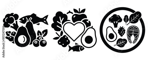 Black silhouette anti inflammatory diet modern vector icon set on transparent background