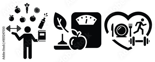 Black silhouette balanced lifestyle nutrition modern vector icon set on transparent background