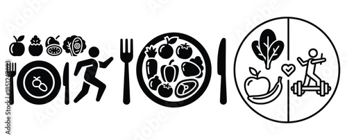 Black silhouette balanced nutrition lifestyle modern vector icon set on transparent background