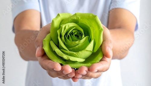 Soft lime green rose held in hands