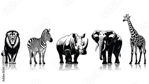 African animal silhouettes, lion, zebra, rhino, elephant, giraffe, black and white, wildlife reflection, savanna species, iconic animals