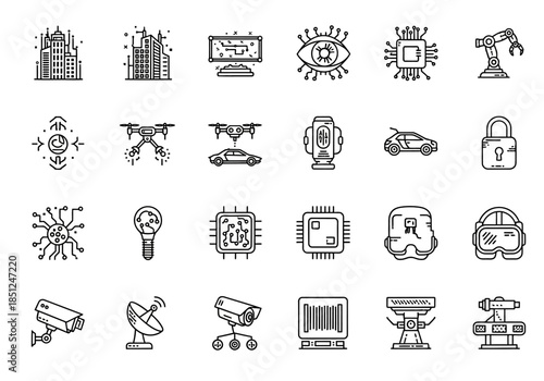 Collection of black and white icons representing various technological and surveillance elements on a white background