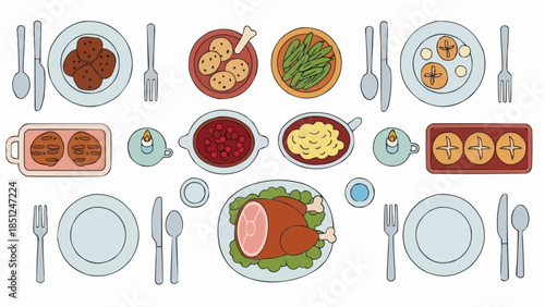 Top View Christmas Dinner Table – Flat Vector Illustration