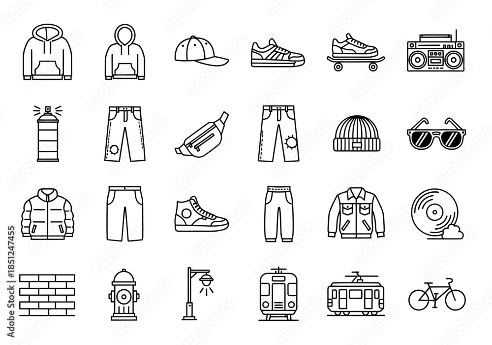 Fototapeta premium Collection of clothing and sports equipment icons displayed in a grid layout on a white background
