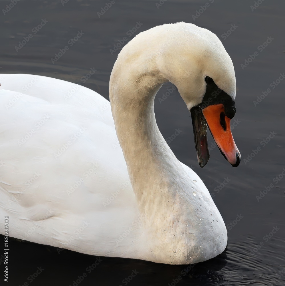 Obraz premium Serene Elegance: Close-Up of a Graceful White Swan on Dark Water