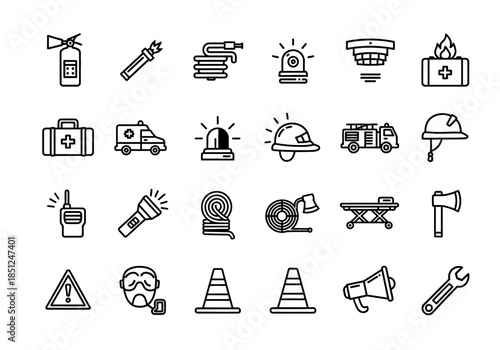 Collection of construction and safety icons in a grid layout