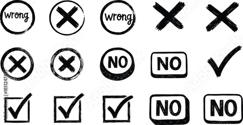 Hand drawn check tick mark icon set. x marks, checkboxes, and checklist symbols including right and wrong signs in brush marker style.