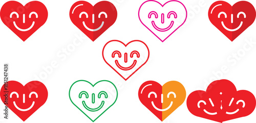 Collection of colorful heart shapes with smiling faces on a white background