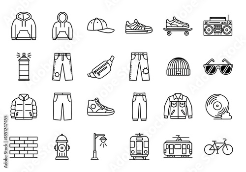 Collection of clothing and sports equipment icons displayed in a grid layout on a white background