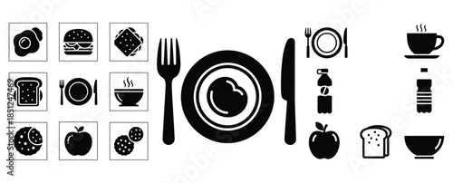 Black silhouette daily food routine modern vector icon set on transparent background