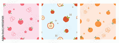 Cute seamless fruit pattern set with apples, peaches, hearts, flowers, and butterflies in soft pastel colors, designed for fabric prints, wallpaper, stationery, and playful decorative backgrounds.