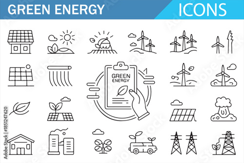 Green energy technology outline symbols for UI and web design